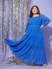 Women Blue Off Shoulder Tiered Maxi Dress
