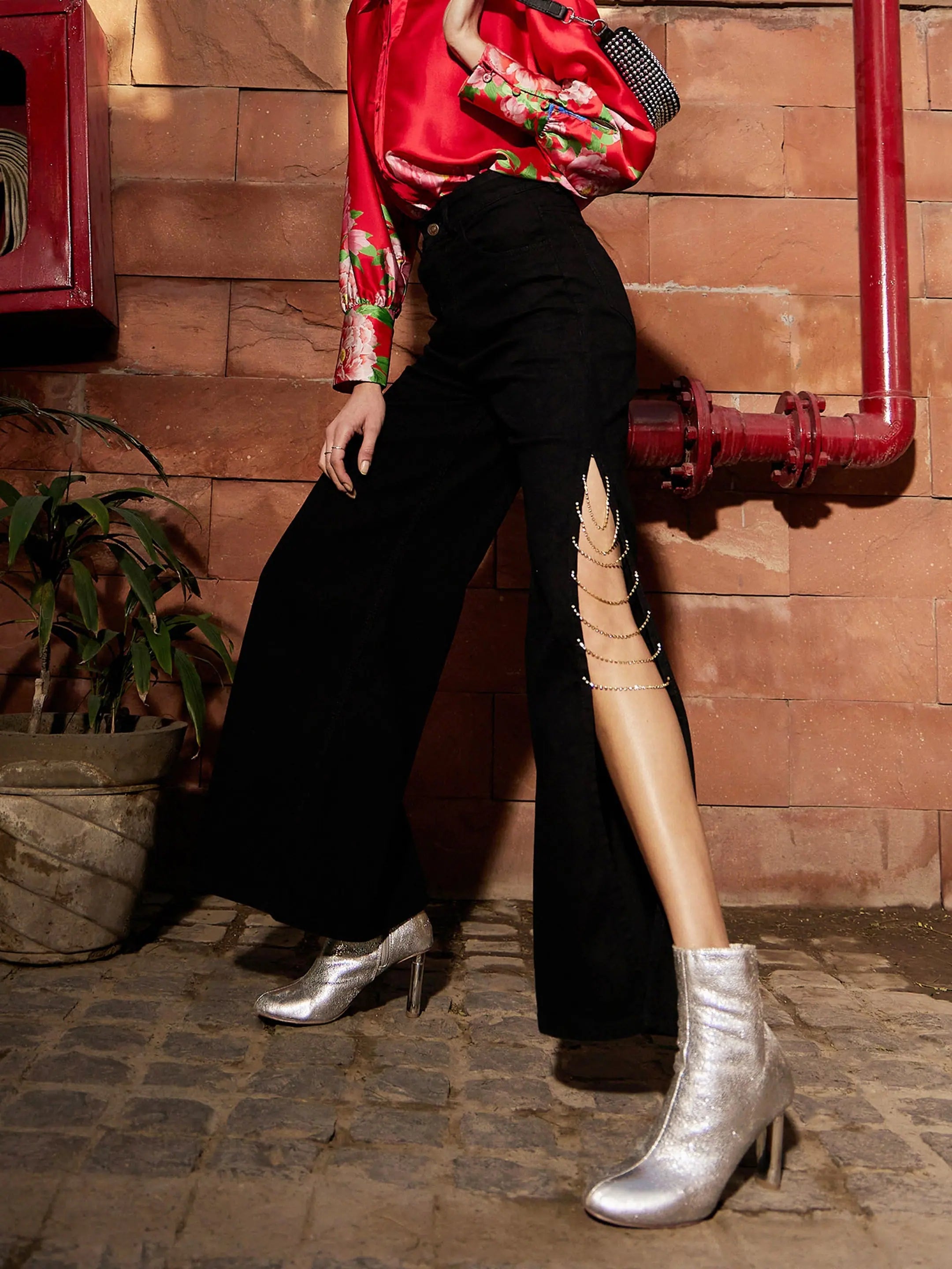 Diamante Side Slit Jeans: Women's Western Wear - Black Denim