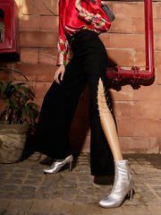 Women Black Diamante Side Slit Straight Jeans