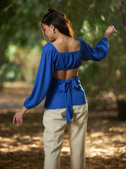 Women Royal Blue Front Ruched Peplum Top