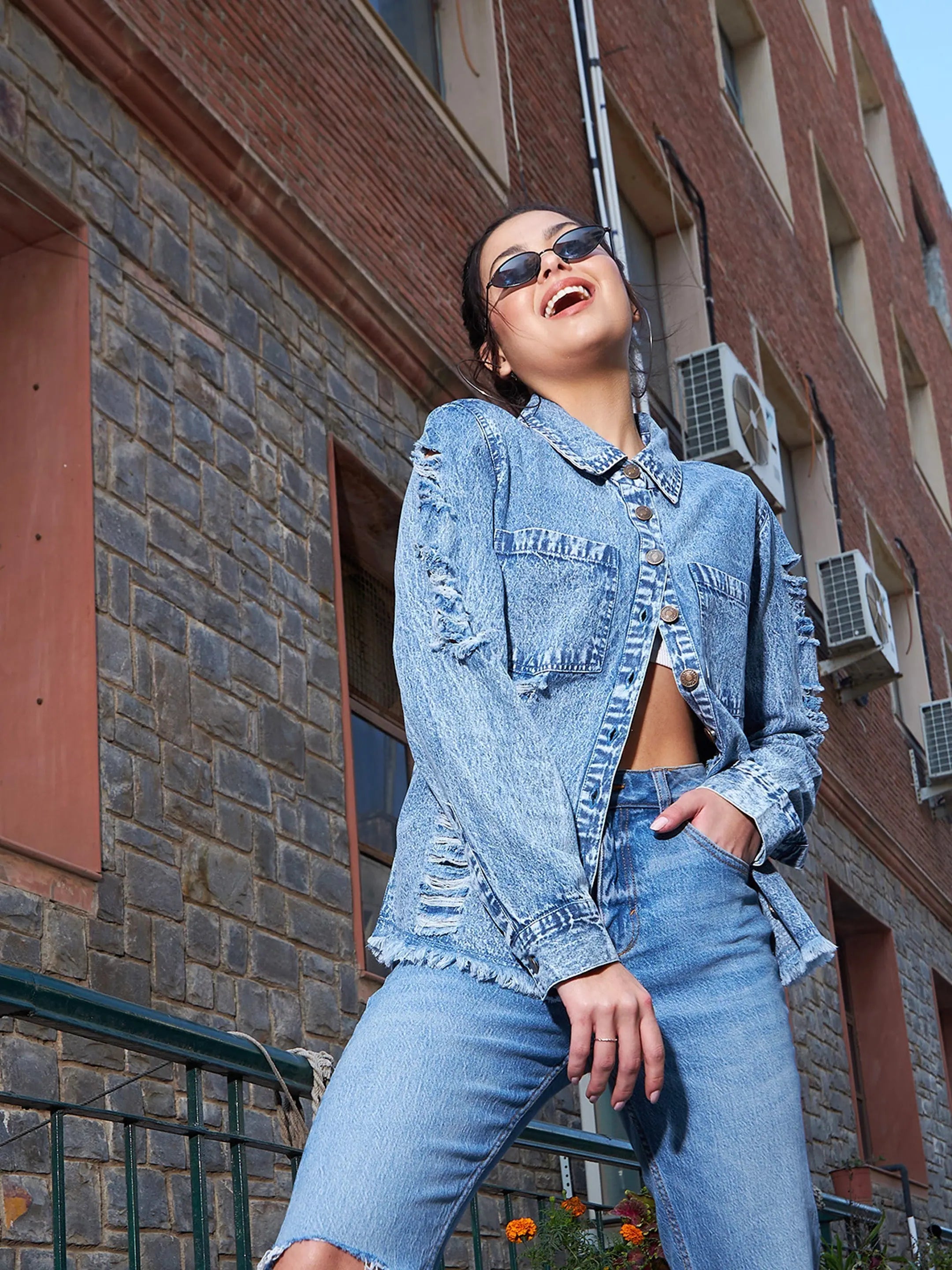 Blue Denim Distressed High Low Shirt | Women's Casual Style