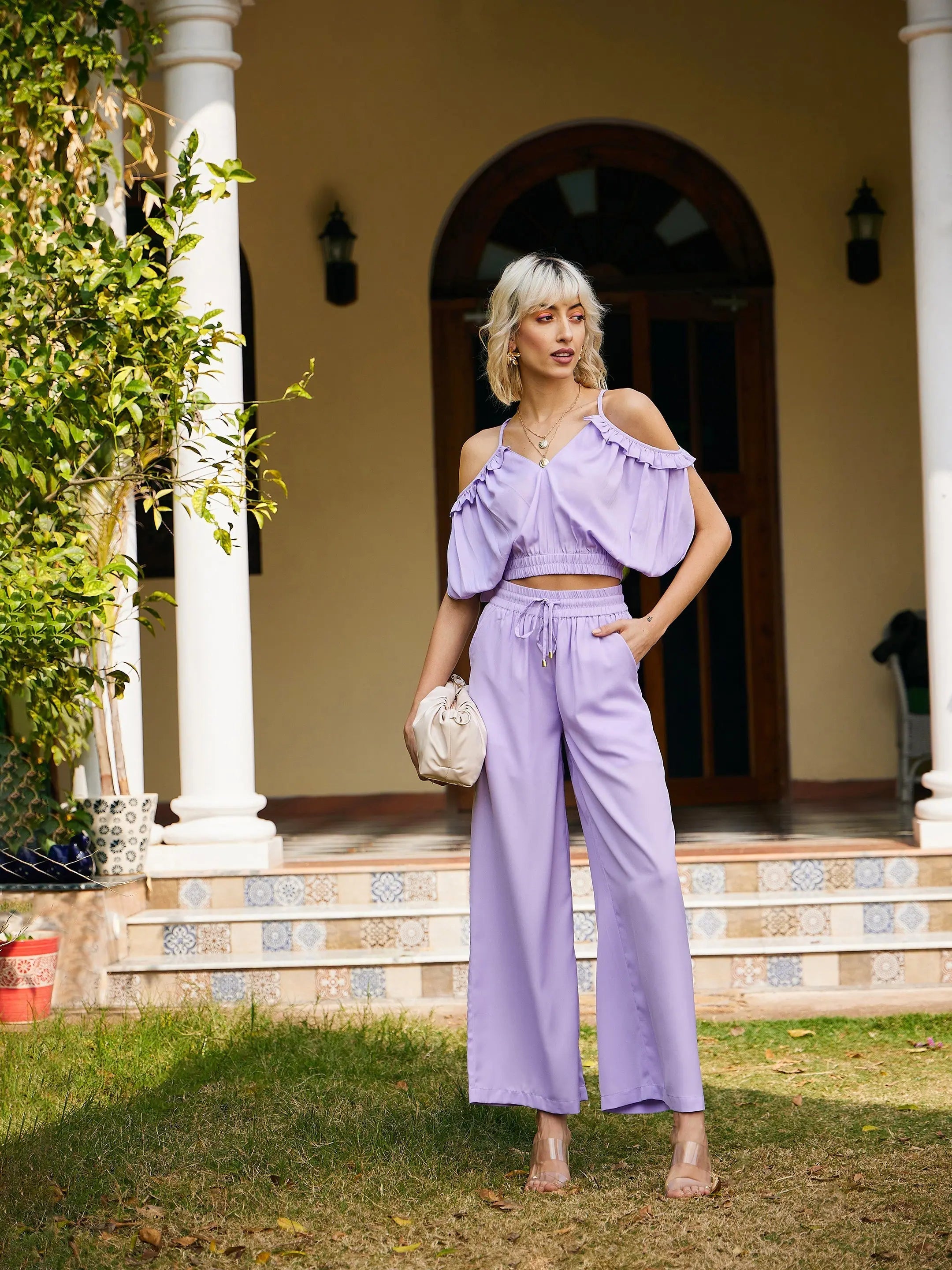 Lavender Jumpsuit Set - Strappy V-Neck Top & Flowing Pants