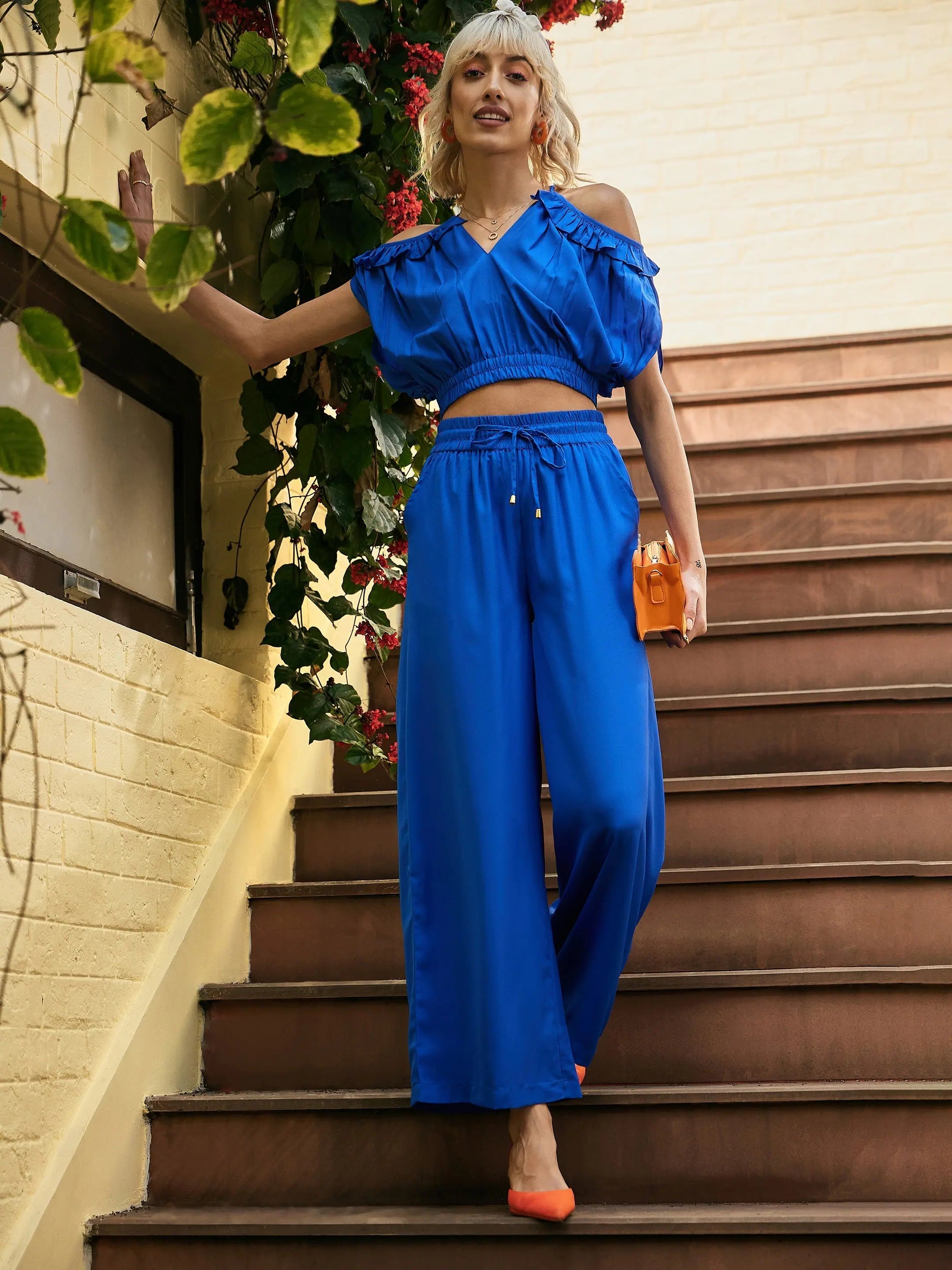 Blue Jumpsuit Set - Strappy Tops and Wide Leg Palazzo Pants