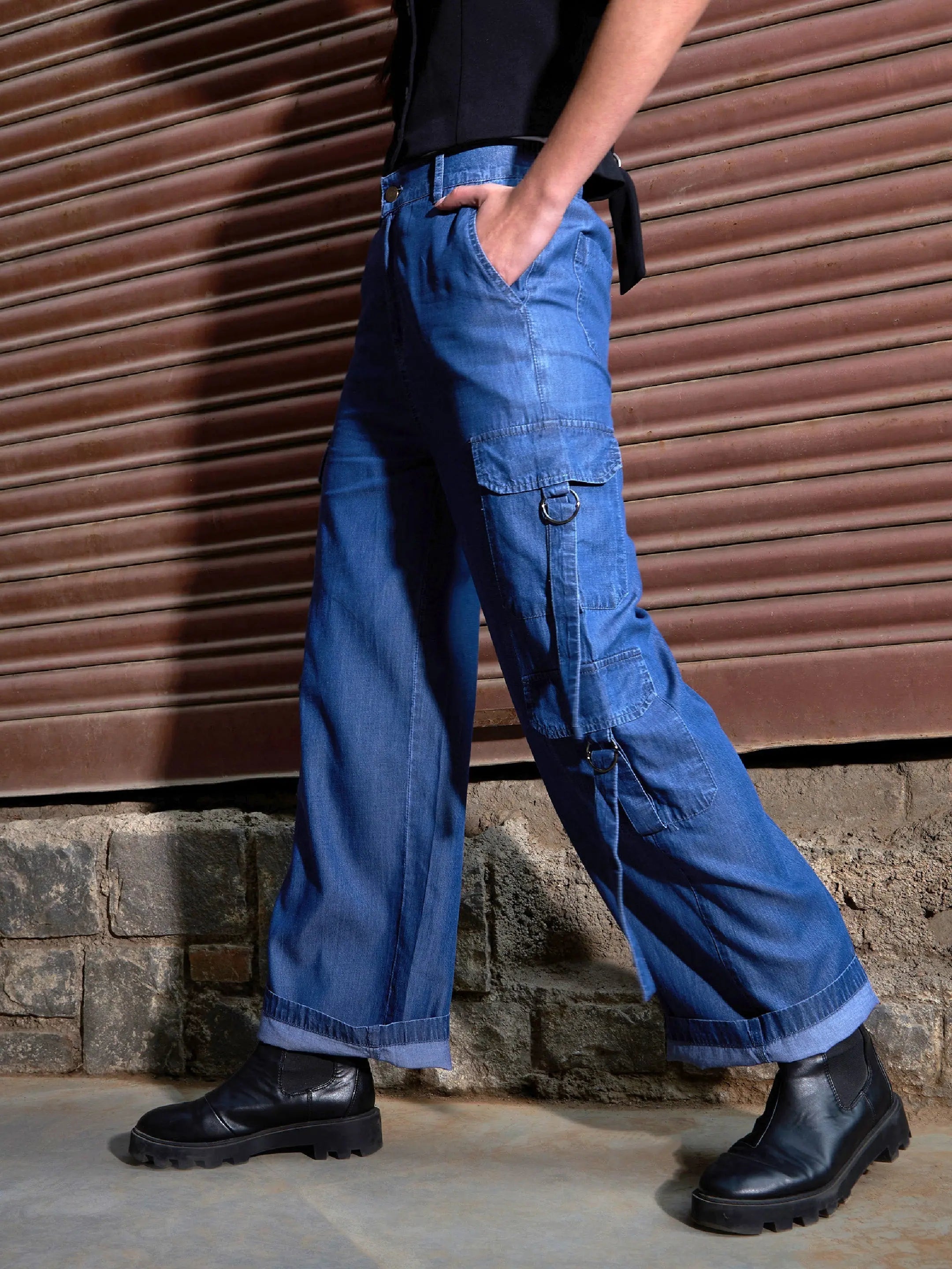 Blue Tencel Cargo Pants for Women: Comfort Fit, Cotton Blend