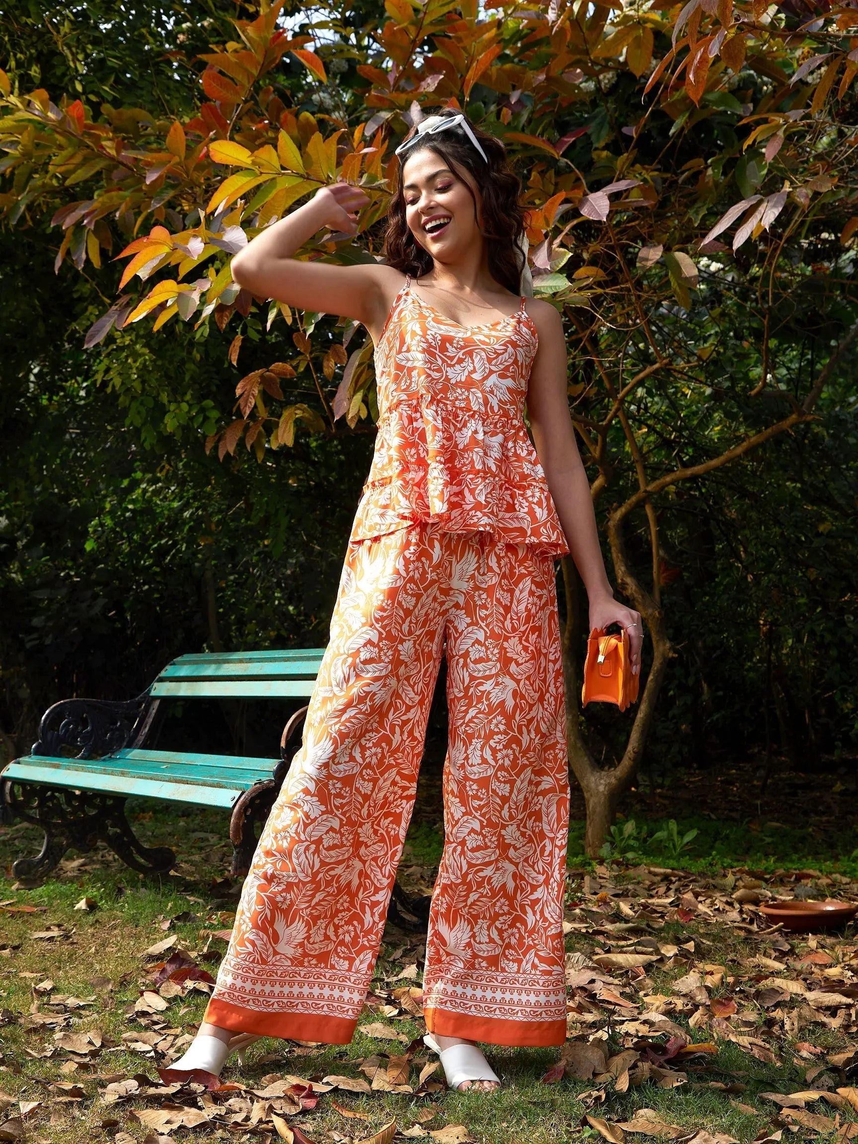Printed Orange Jumpsuit Set - Floral Strappy Top & Palazzos