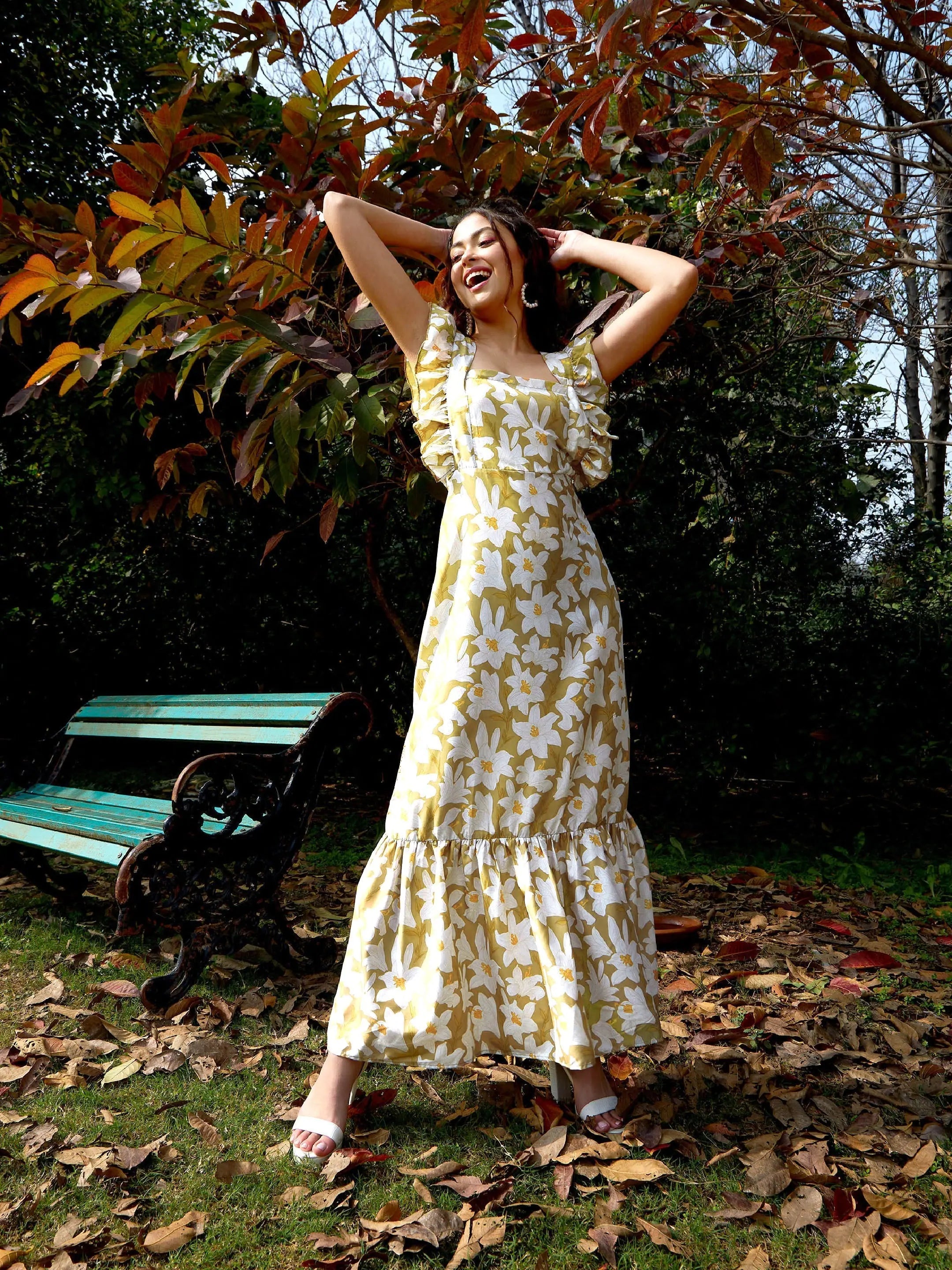 Olive Floral Maxi Dress | Tie-Knot Back | Festive Lehenga Style