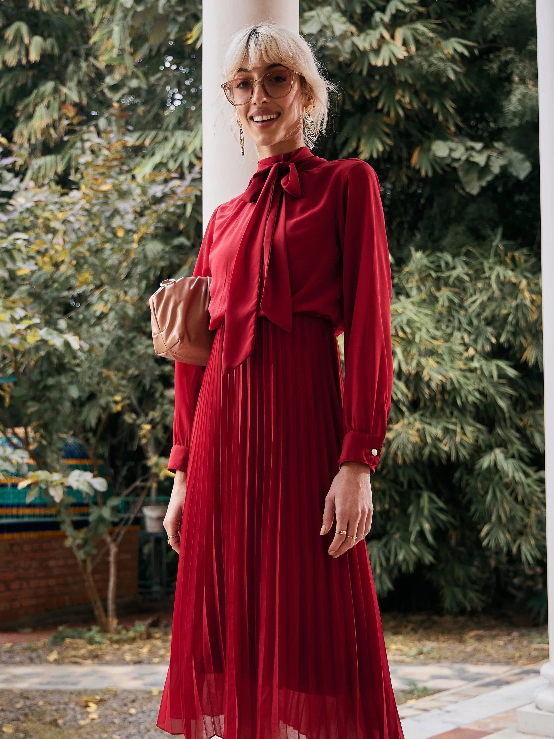 Maroon Pleated Dress | Tie-Up Neck | Designer Lehenga Collection