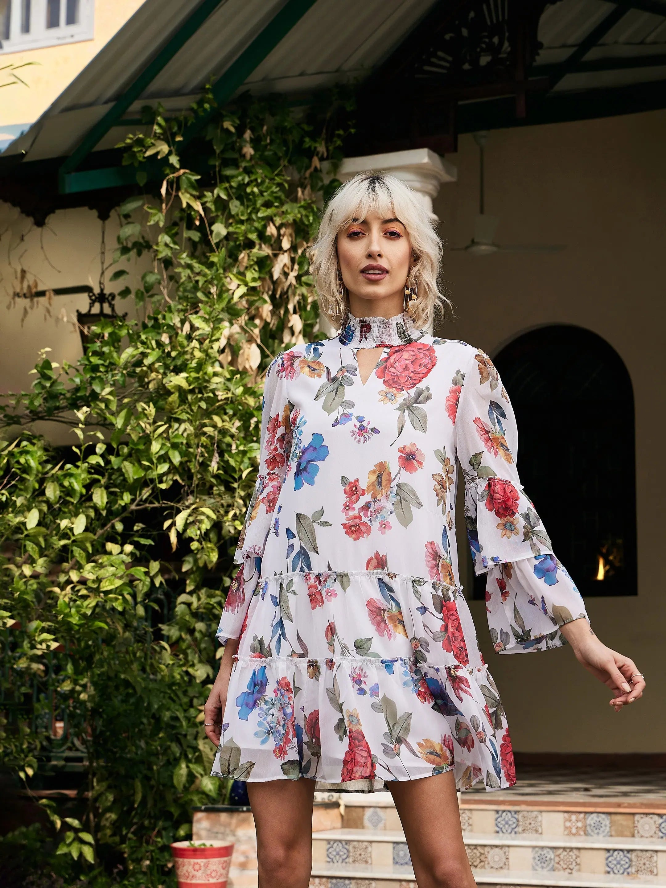 White Floral Chiffon Women's Dress | Party Wear Lehenga Look