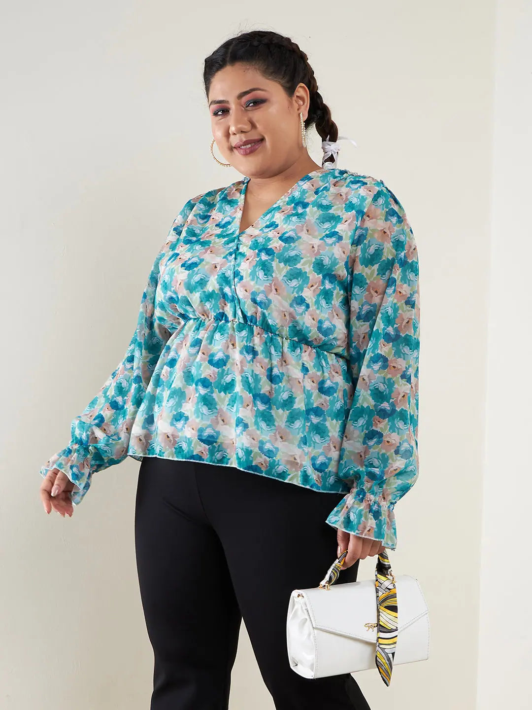 Teal Floral Printed Top - Women's Designer Lehenga Style