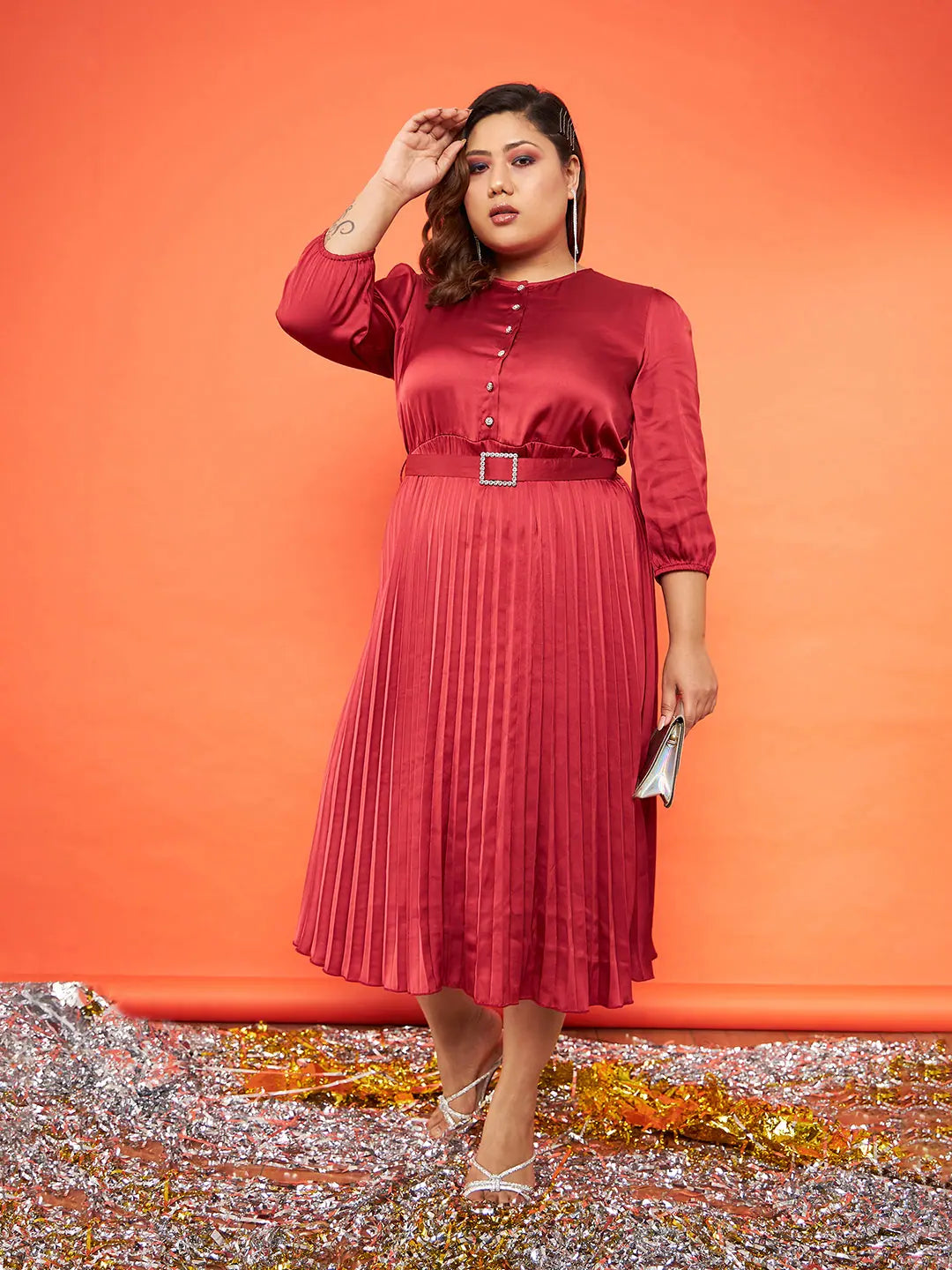 Red Pleated Midi Dress | Women's Festive Lehenga Style