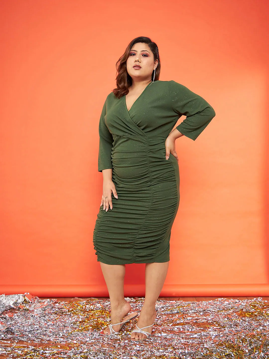 Olive Glitter Midi Dress | Women's Party Wear Lehenga Option