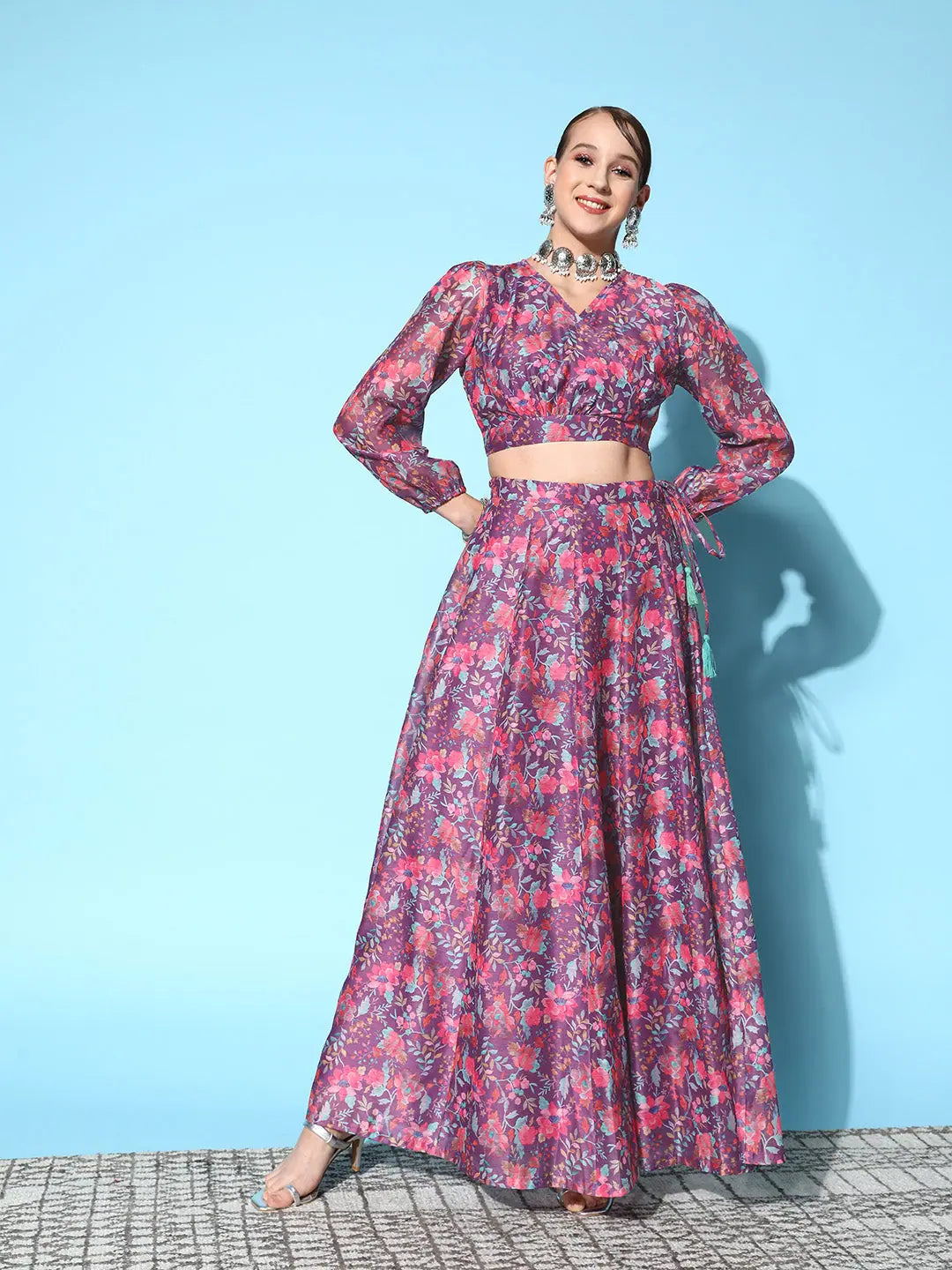 Purple Floral Lehenga Choli: Wrap Top & Anarkali Skirt