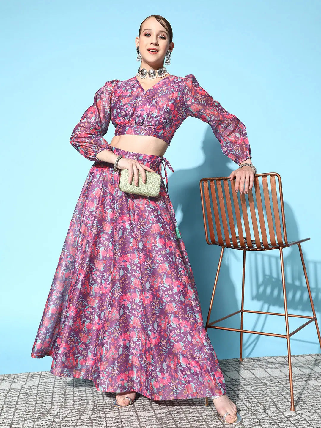 Purple Floral Lehenga Choli: Wrap Top & Anarkali Skirt
