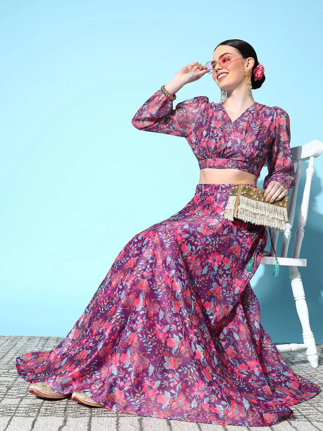Purple Floral Wrap Crop Top | Festive Lehenga | Lehenga Choli