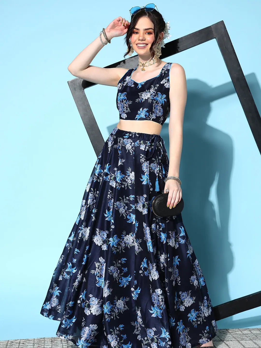 Navy Floral Sleeveless Crop Top | Designer Lehenga | Lehenga C...