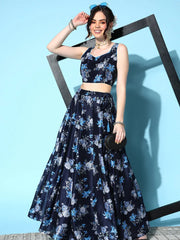 Women Navy Floral Sweetheart Sleeveless Crop Top