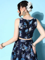 Women Navy Floral Sweetheart Sleeveless Crop Top
