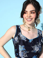 Women Navy Floral Sweetheart Sleeveless Crop Top