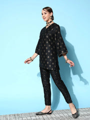 Women Black Cotton Silk Foil Short Kurta With Pencil Pants