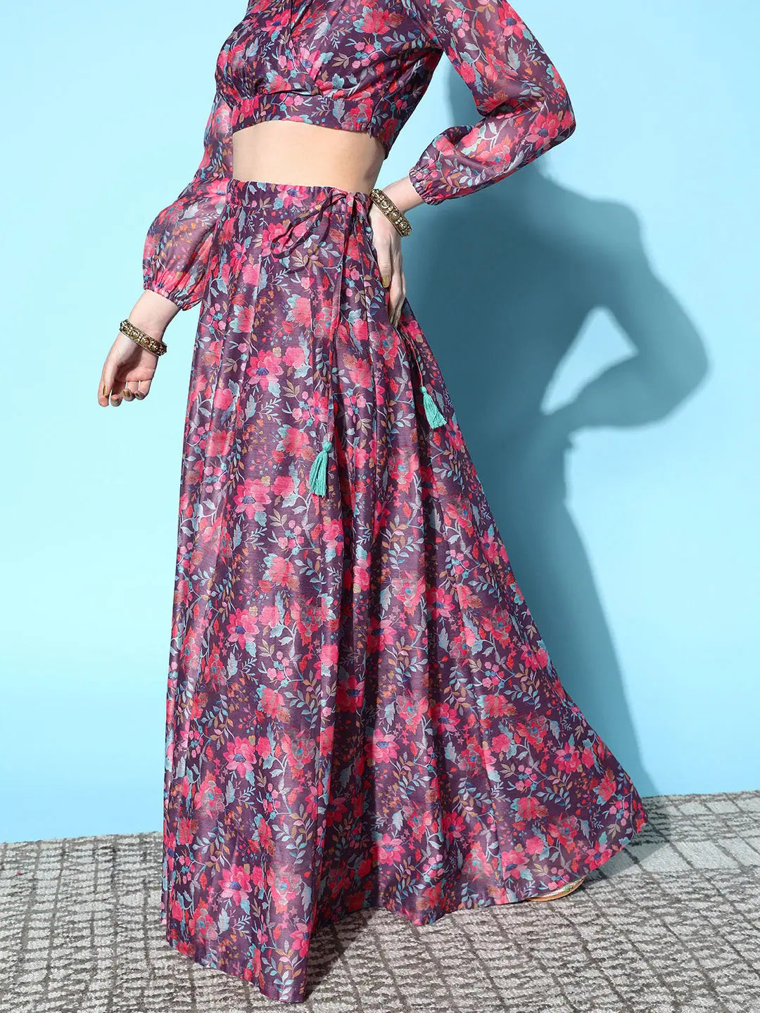 Purple Chanderi Floral Skirt | Long Ethnic Skirts for Women