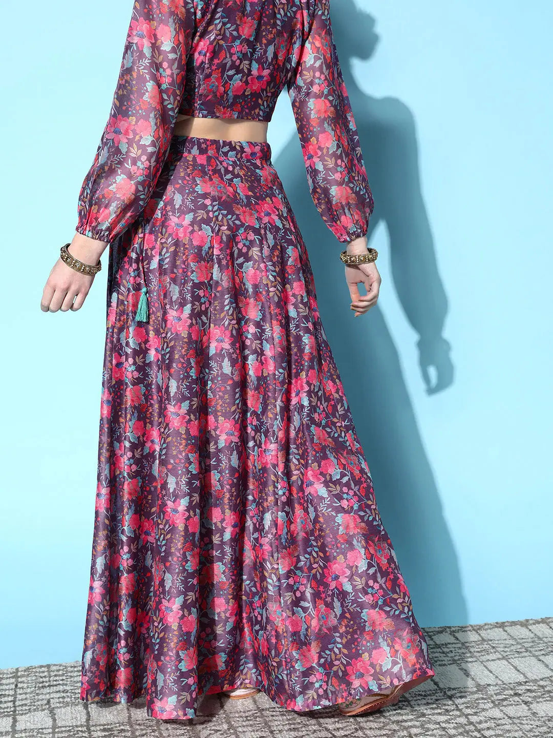 Purple Chanderi Floral Skirt | Long Ethnic Skirts for Women