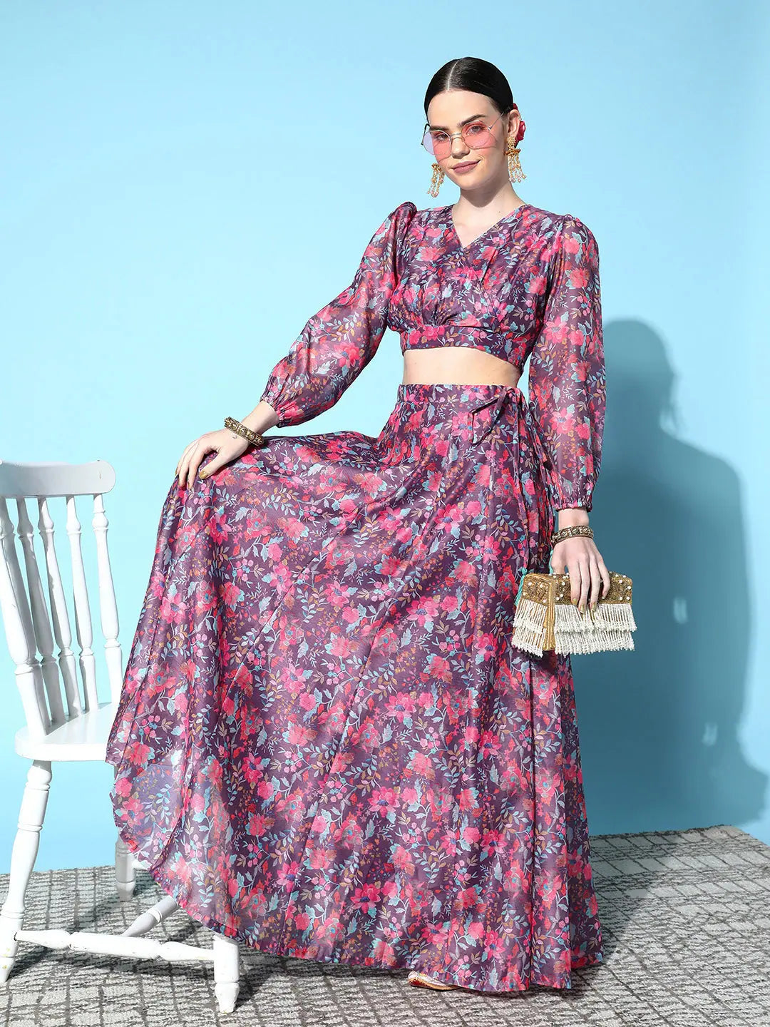 Purple Chanderi Floral Skirt | Long Ethnic Skirts for Women