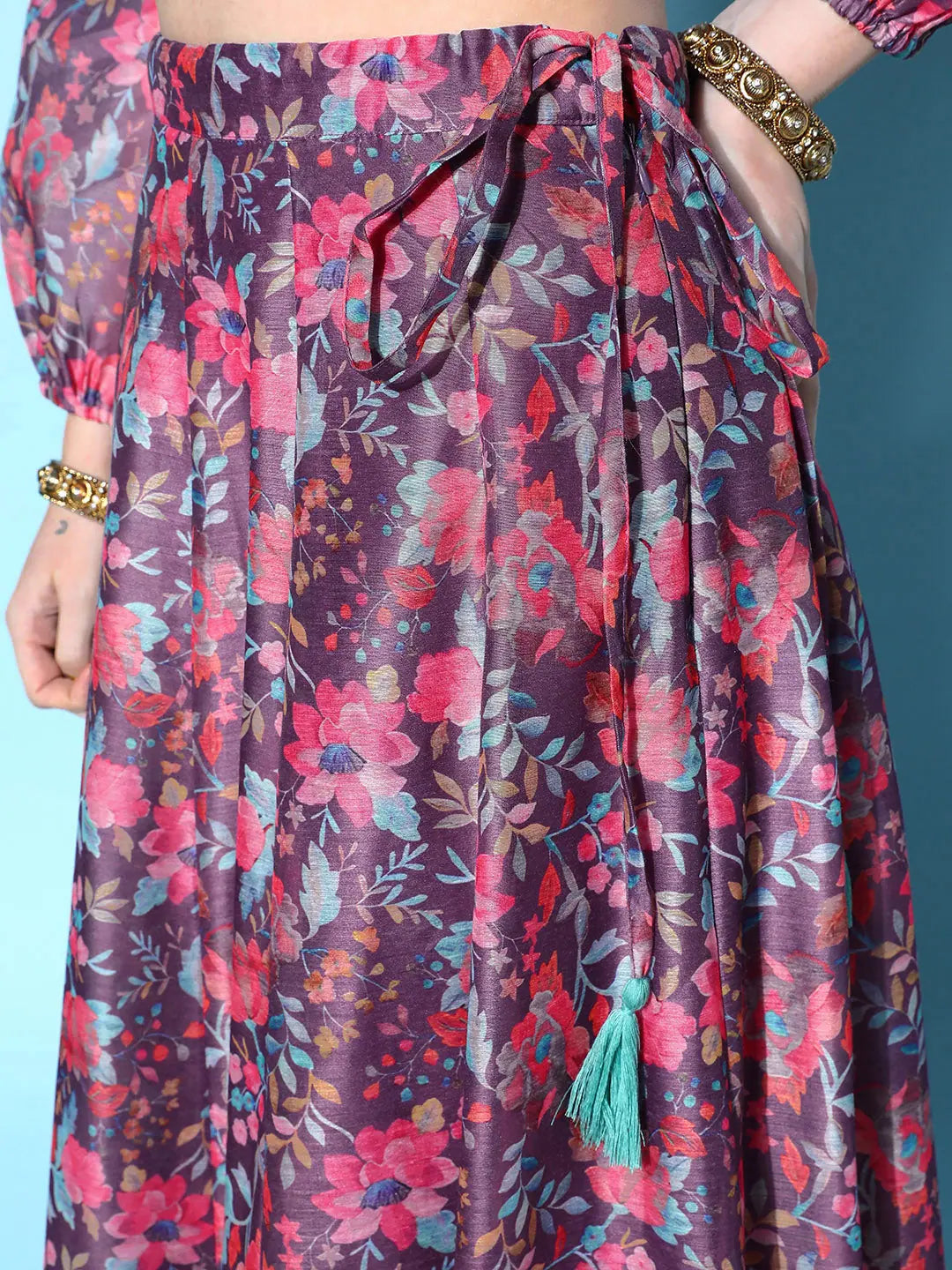 Purple Chanderi Floral Skirt | Long Ethnic Skirts for Women