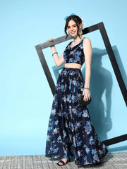 Women Navy & Blue Chanderi Floral Anarkali Skirt