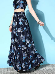 Women Navy & Blue Chanderi Floral Anarkali Skirt