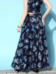 Women Navy & Blue Chanderi Floral Anarkali Skirt