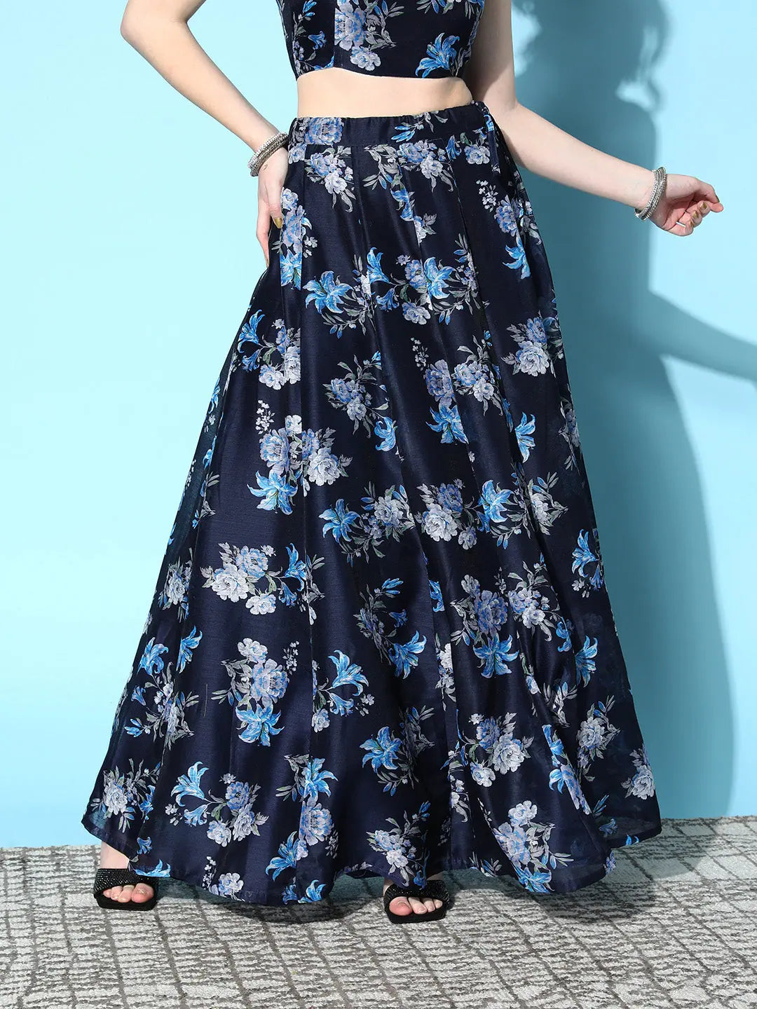 Women Navy & Blue Chanderi Floral Anarkali Skirt