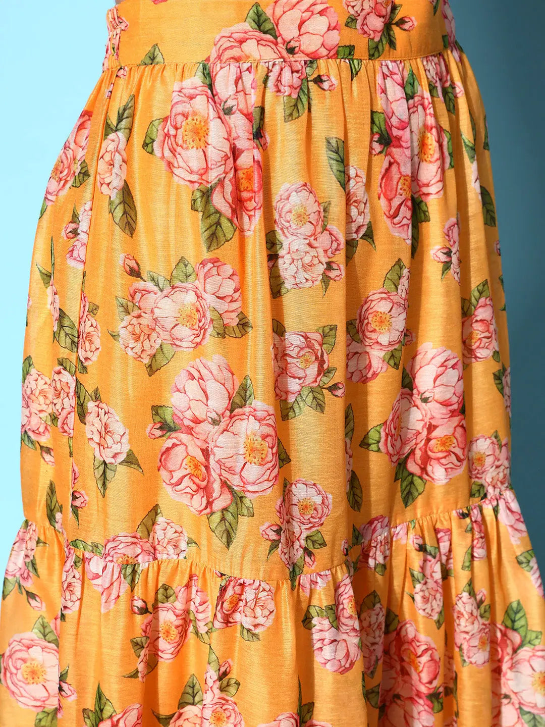 Yellow Chanderi Floral Skirt | Ethnic Maxi Skirts for Women