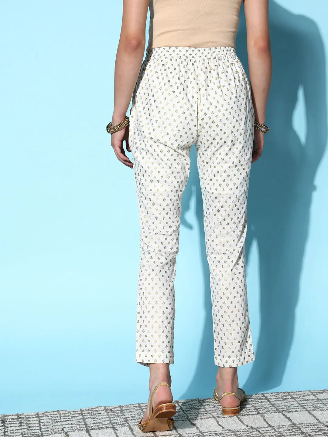 Off White Geo Foil Pencil Pants | Ethnic Pants for Women