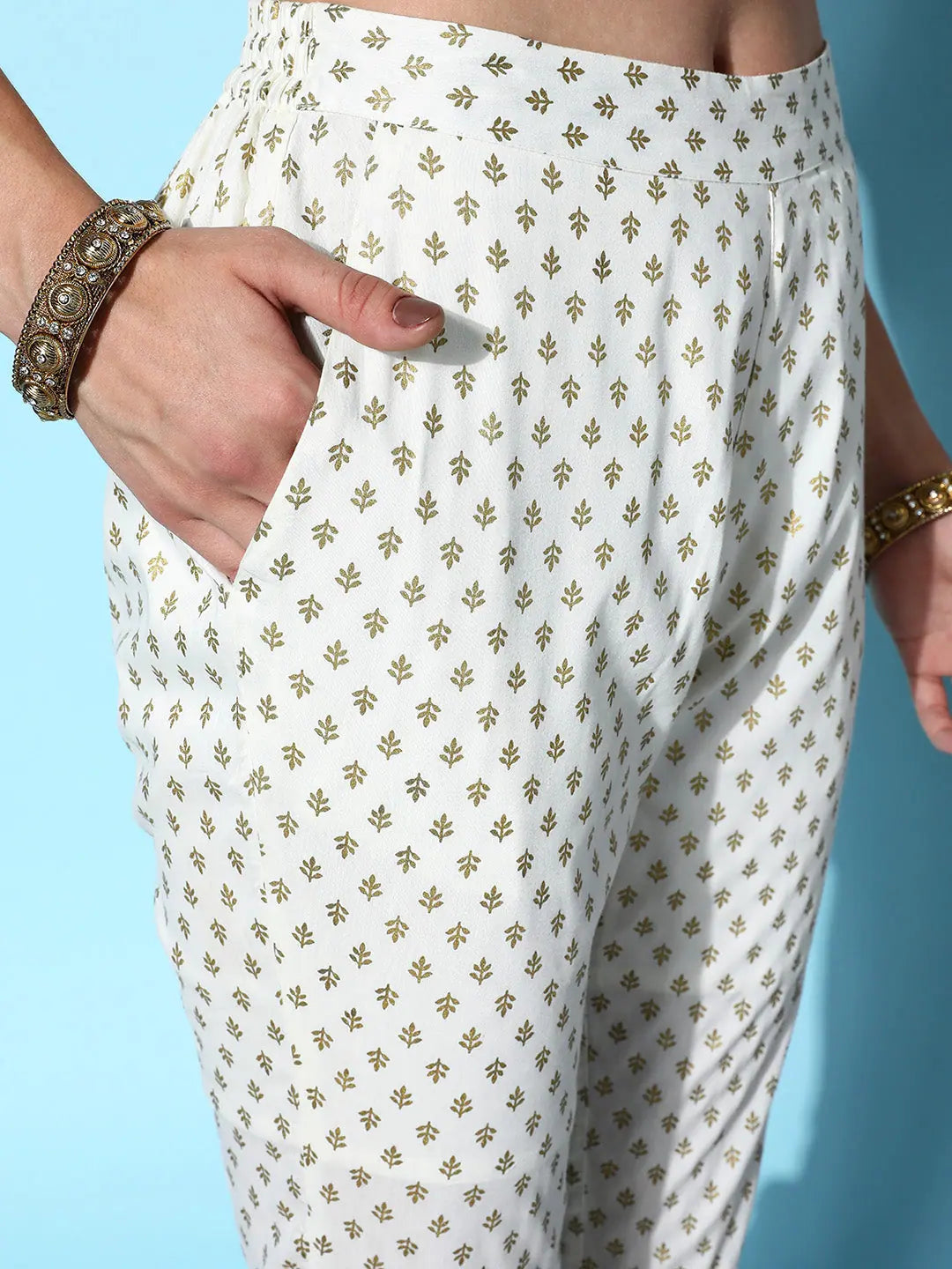 Off White Geo Foil Pencil Pants | Ethnic Pants for Women