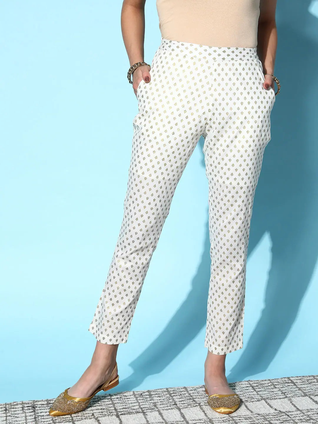 Off White Geo Foil Pencil Pants | Ethnic Pants for Women