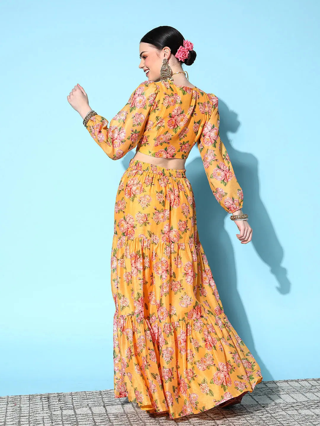 Yellow Floral Lehenga: Wrap Crop Top with Tiered Skirt