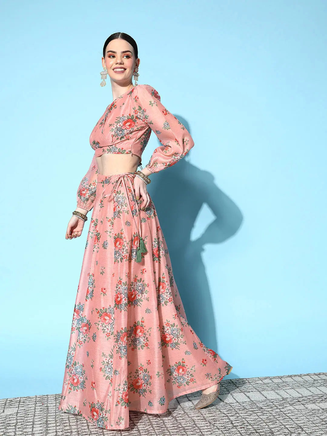 Peach Floral Lehenga Choli: Anarkali Skirt and Crop Top Set