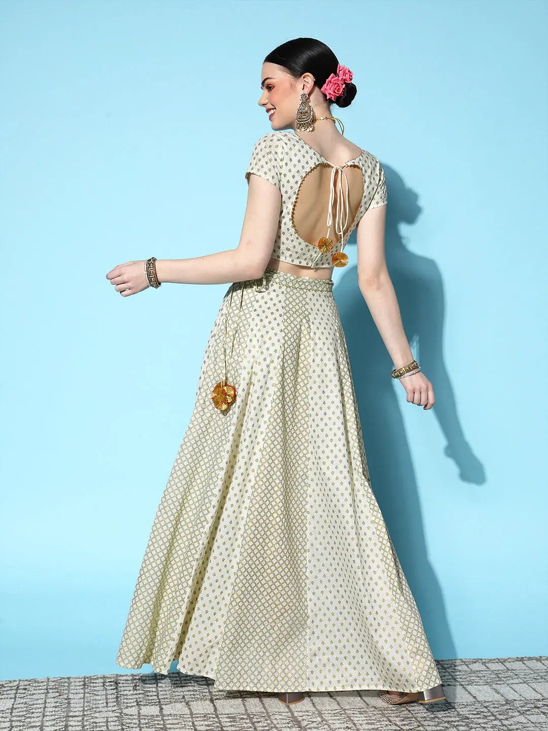 Off White Foil Crop Top & Anarkali Skirt | Ethnic Lehenga