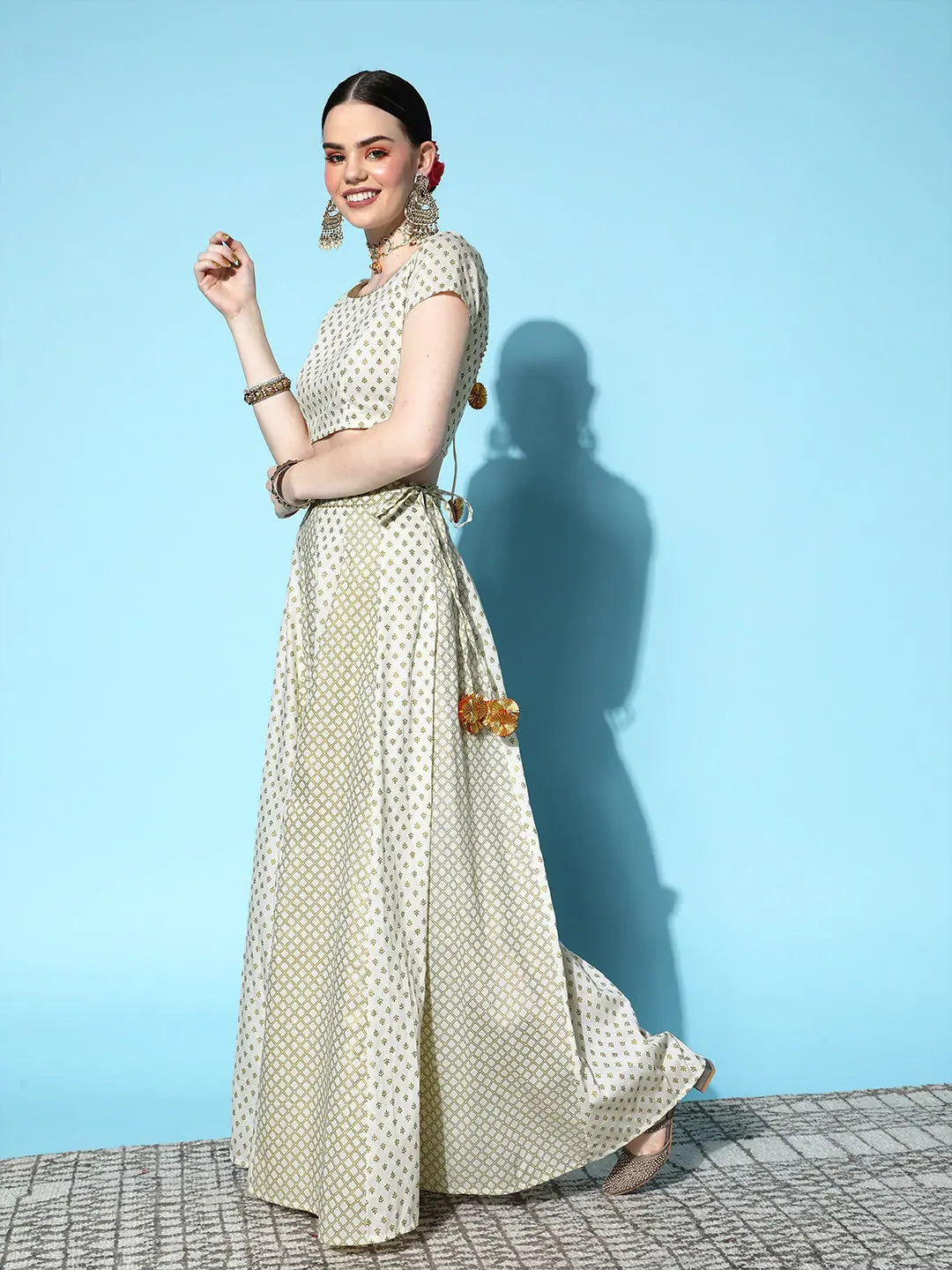 Off White Foil Crop Top & Anarkali Skirt | Ethnic Lehenga
