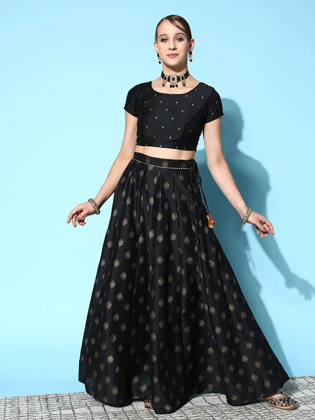 Black Foil Crop Top & Anarkali Skirt | Women's Lehenga Choli