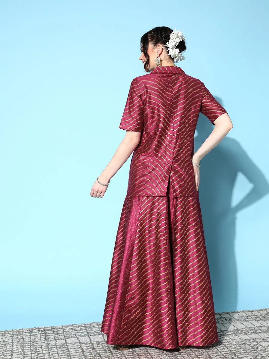 Burgundy Foil Blazer & Anarkali Skirt | Women's Ethnic Lehenga