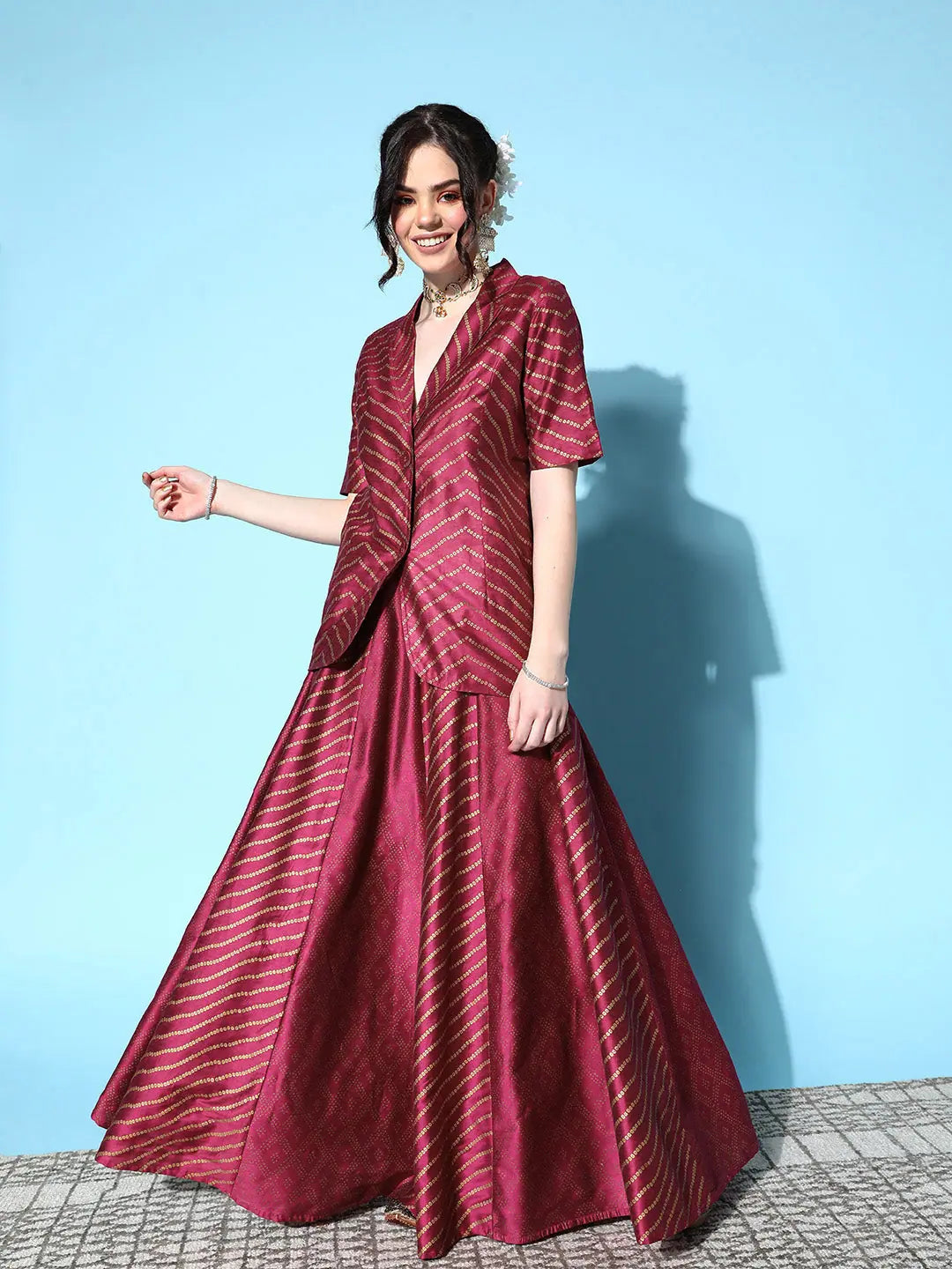 Burgundy Foil Blazer & Anarkali Skirt | Women's Ethnic Lehenga