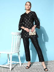 Women Black Cotton Silk Geo Foil Pencil Pants