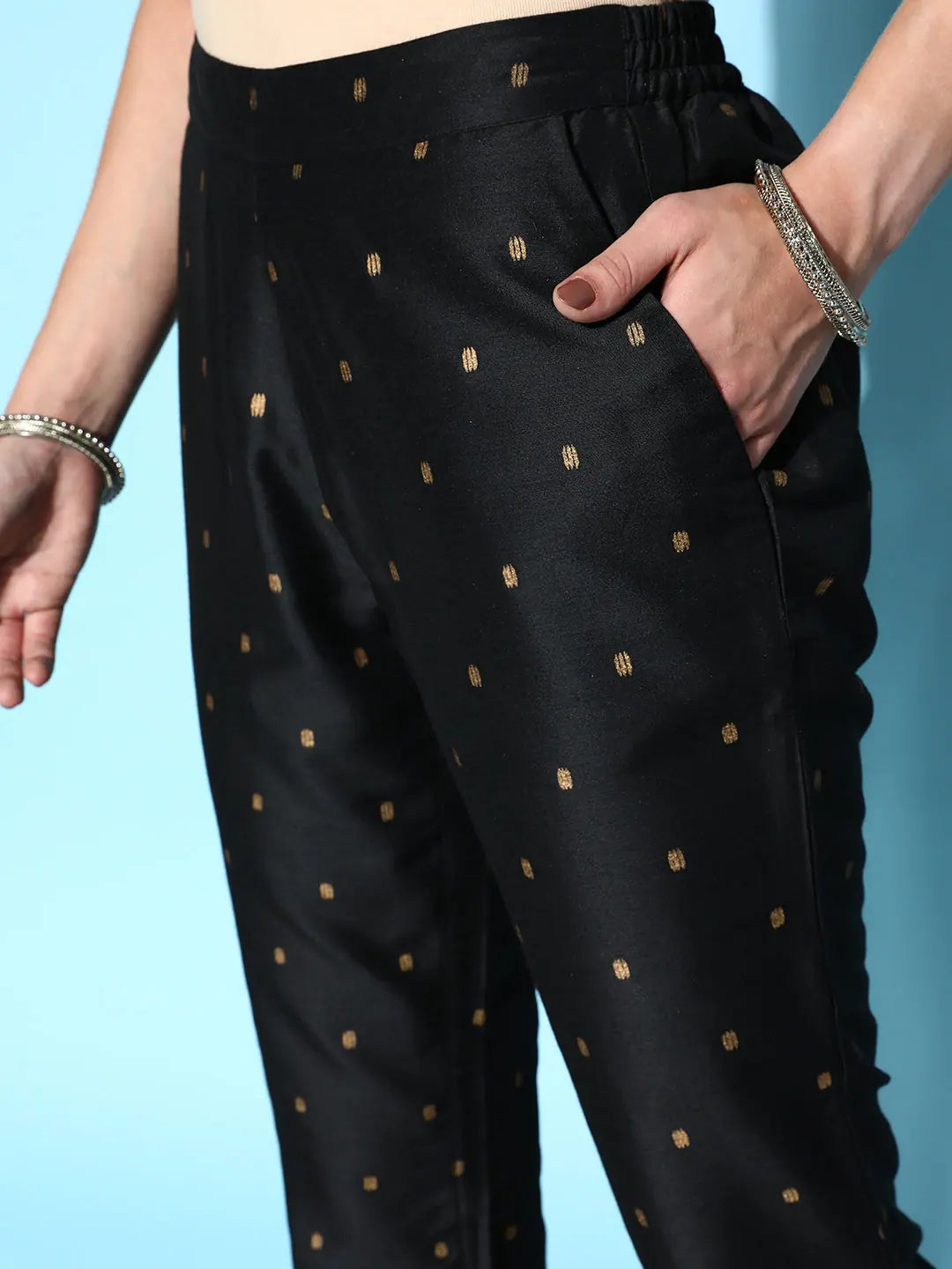 Black Geo Foil Pencil Pants | Designer Ethnic Pants for Women