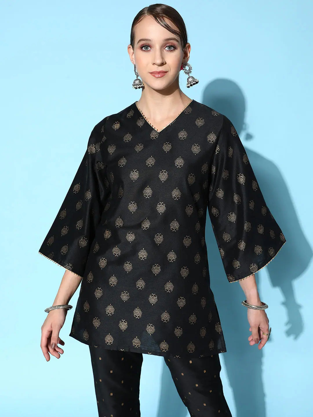 Black Cotton Silk Floral Foil Indian Kurtis - Tunic Top for Women