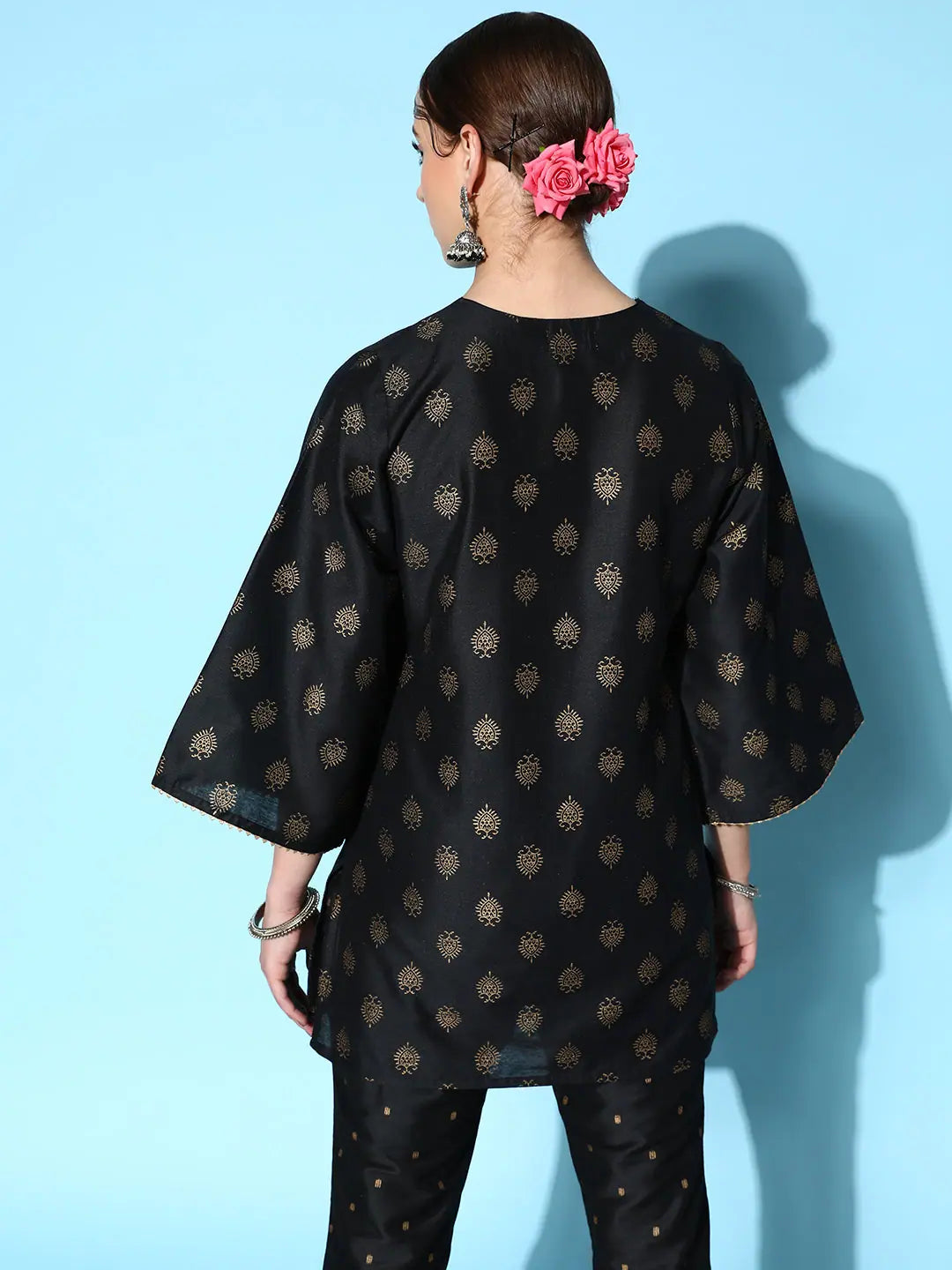 Black Cotton Silk Floral Foil Indian Kurtis - Tunic Top for Women
