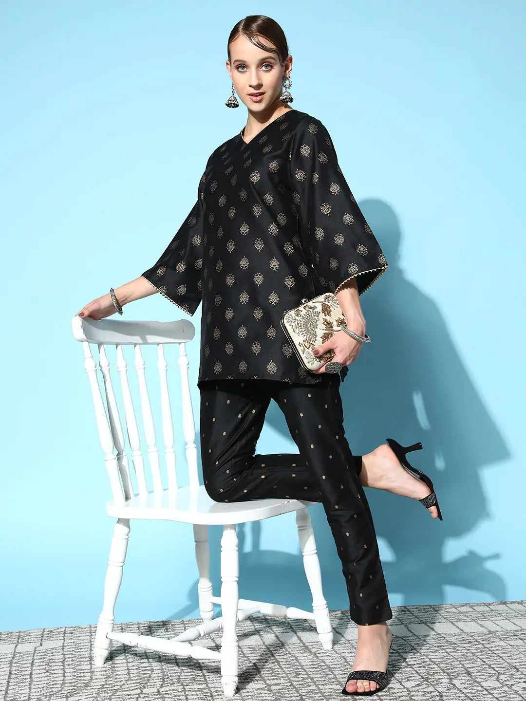 Black Cotton Silk Floral Foil Indian Kurtis - Tunic Top for Women