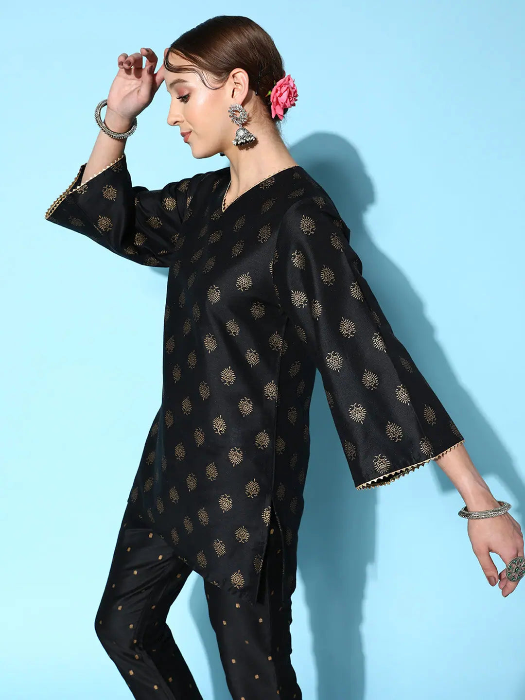 Black Cotton Silk Floral Foil Indian Kurtis - Tunic Top for Women