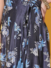 Women Navy Floral Sweetheart Crop Top With Anarkali Skirt