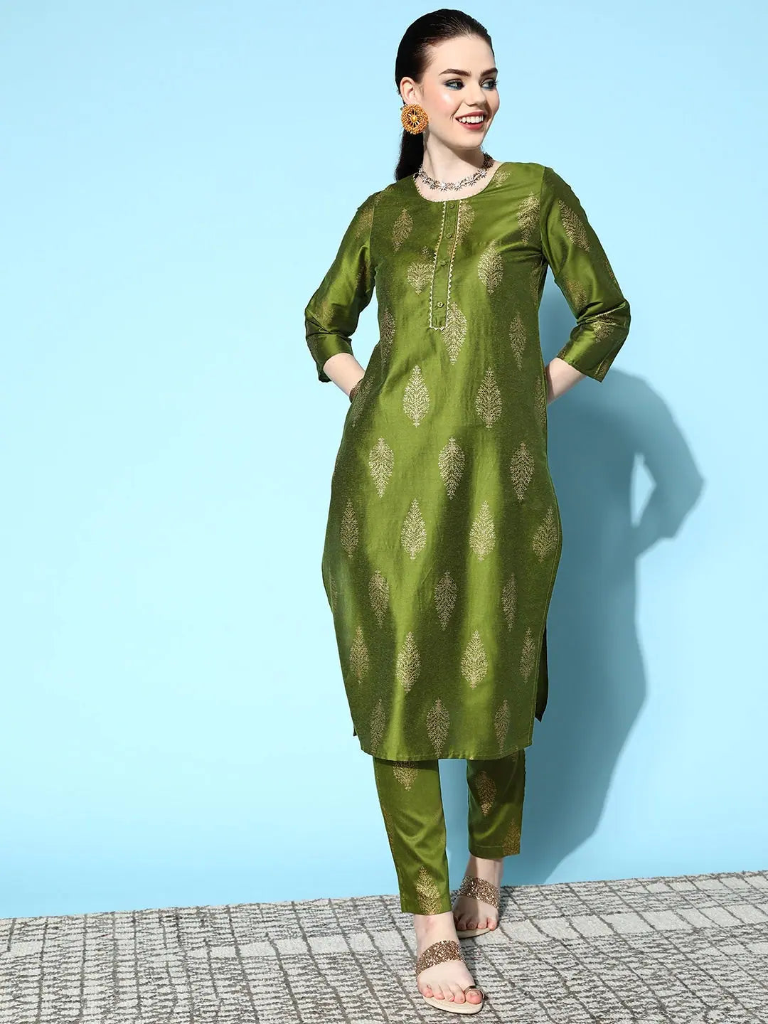Green Floral Foil Kurta - Cotton Silk Indian Kurta for Women